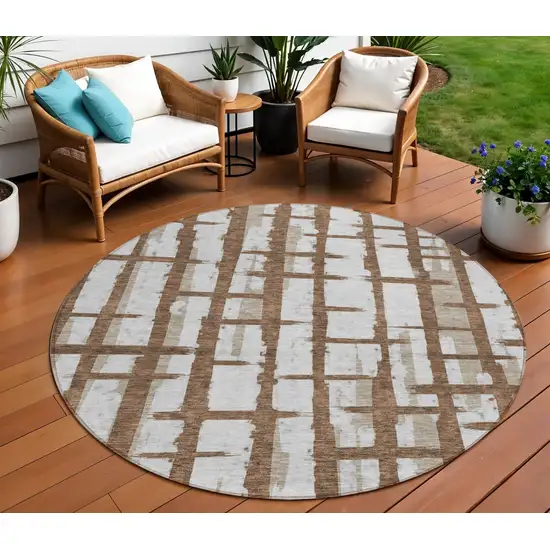 8' Chocolate And Beige Round Striped Washable Indoor Outdoor Area Rug Photo 1