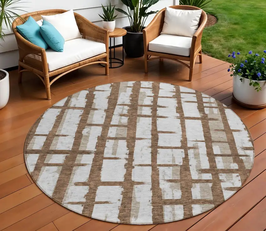 8' Chocolate And Beige Round Striped Washable Indoor Outdoor Area Rug Photo 1