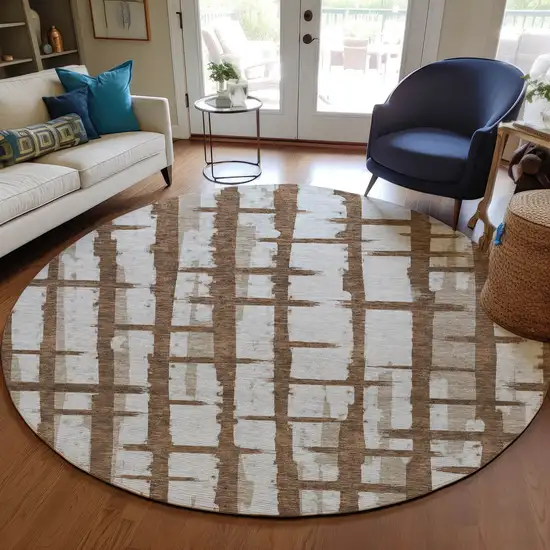 8' Chocolate And Beige Round Striped Washable Indoor Outdoor Area Rug Photo 7