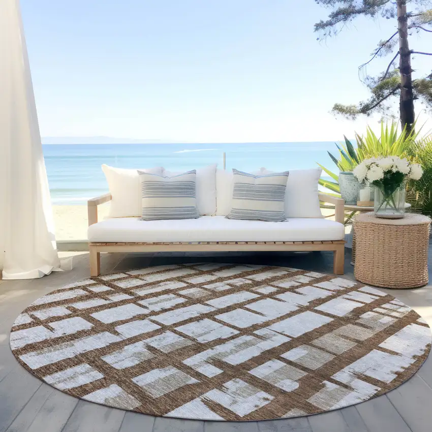 8' Chocolate And Beige Round Striped Washable Indoor Outdoor Area Rug Photo 6