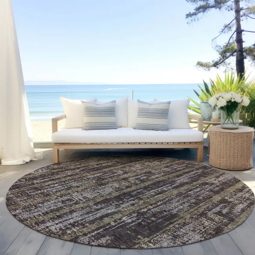 8' Chocolate And Beige Round Striped Washable Indoor Outdoor Area Rug Photo 6