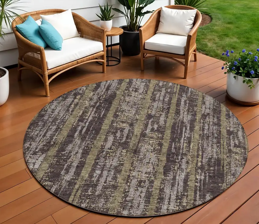8' Chocolate And Beige Round Striped Washable Indoor Outdoor Area Rug Photo 1