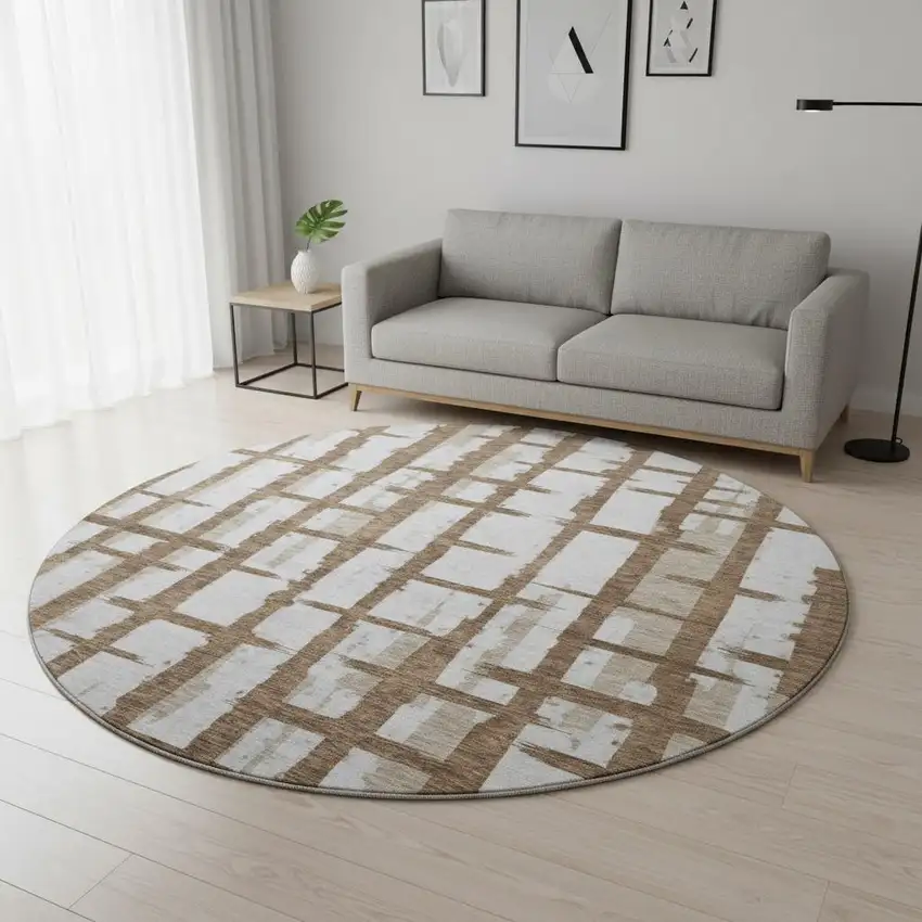 8' Chocolate And Beige Striped Washable Round Rug With UV Protection Photo 2