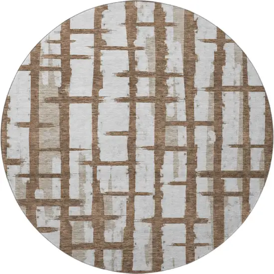 8' Chocolate And Beige Striped Washable Round Rug With UV Protection Photo 3