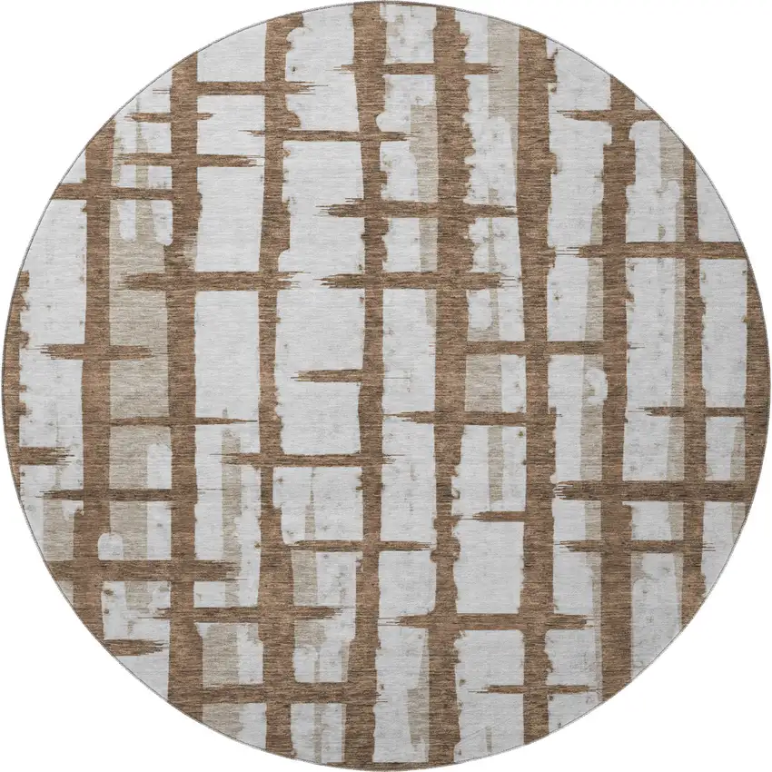 8' Chocolate And Beige Striped Washable Round Rug With UV Protection Photo 3