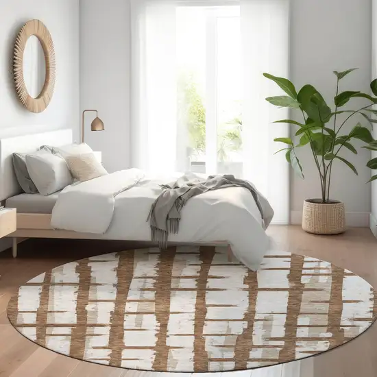 8' Chocolate And Beige Striped Washable Round Rug With UV Protection Photo 4