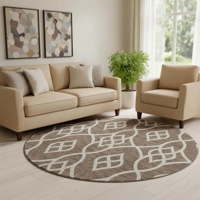 8' Chocolate And Beige Trellis Washable Round Rug With UV Protection Photo 1