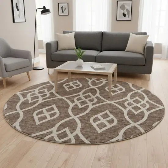8' Chocolate And Beige Trellis Washable Round Rug With UV Protection Photo 2