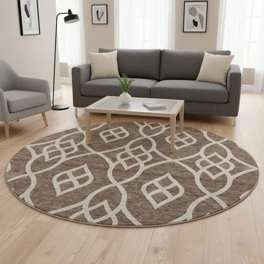 8' Chocolate And Beige Trellis Washable Round Rug With UV Protection Photo 2
