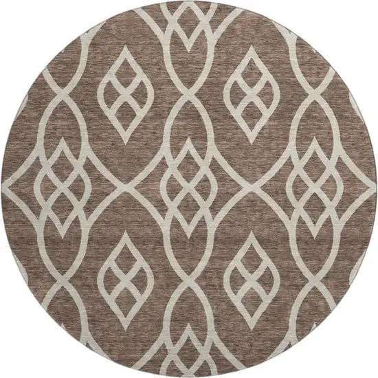 8' Chocolate And Beige Trellis Washable Round Rug With UV Protection Photo 1