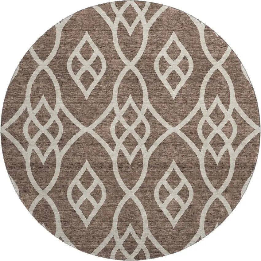 8' Chocolate And Beige Trellis Washable Round Rug With UV Protection Photo 1