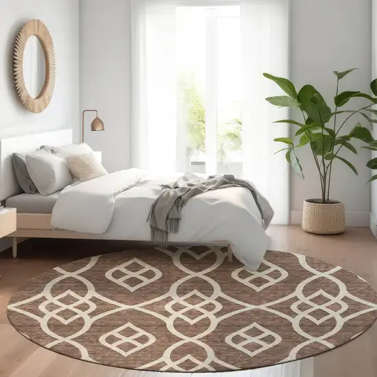 8' Chocolate And Beige Trellis Washable Round Rug With UV Protection Photo 5