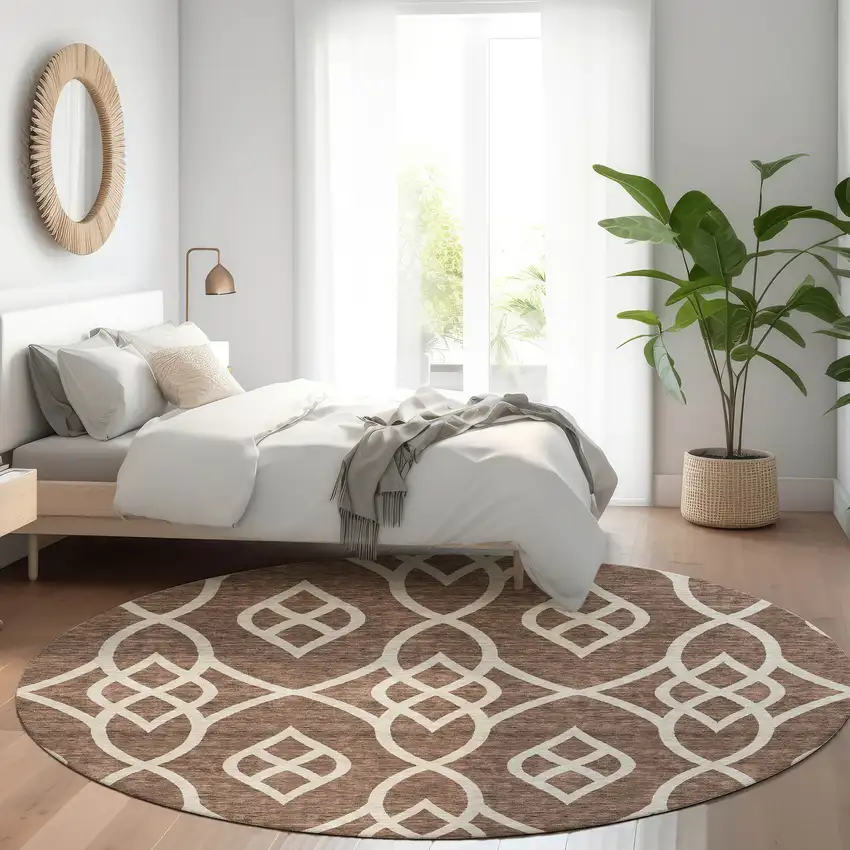 8' Chocolate And Beige Trellis Washable Round Rug With UV Protection Photo 5