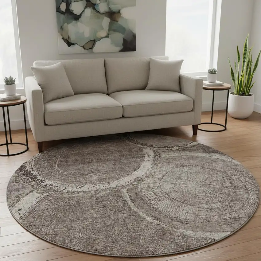 8' Chocolate And Beige Woodland Lodge Washable Round Rug With UV Protection Photo 2