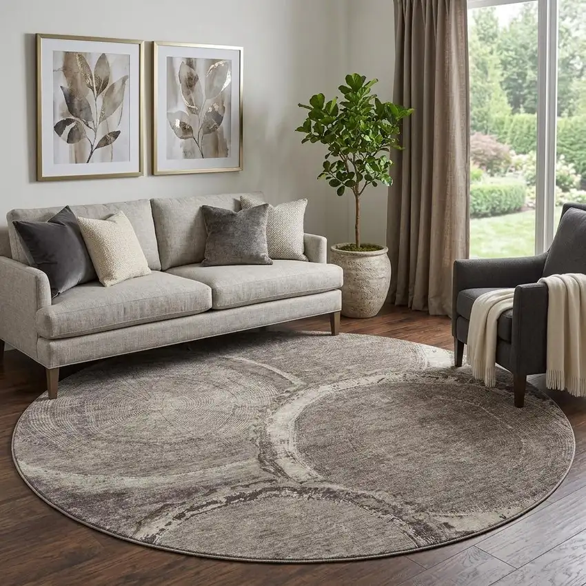 8' Chocolate And Beige Woodland Lodge Washable Round Rug With UV Protection Photo 1