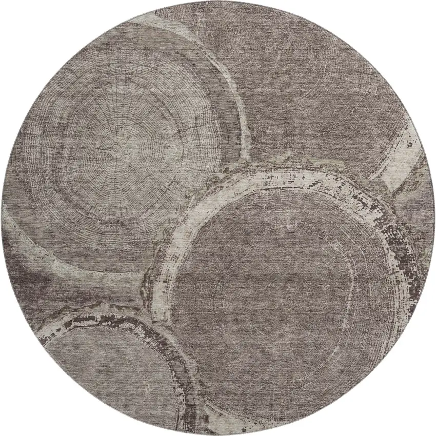 8' Chocolate And Beige Woodland Lodge Washable Round Rug With UV Protection Photo 1