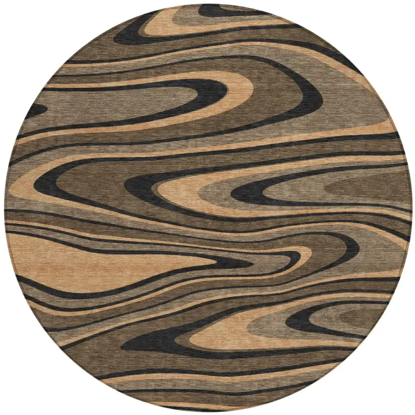 8' Chocolate And Black Round Abstract Washable Indoor Outdoor Area Rug Photo 2