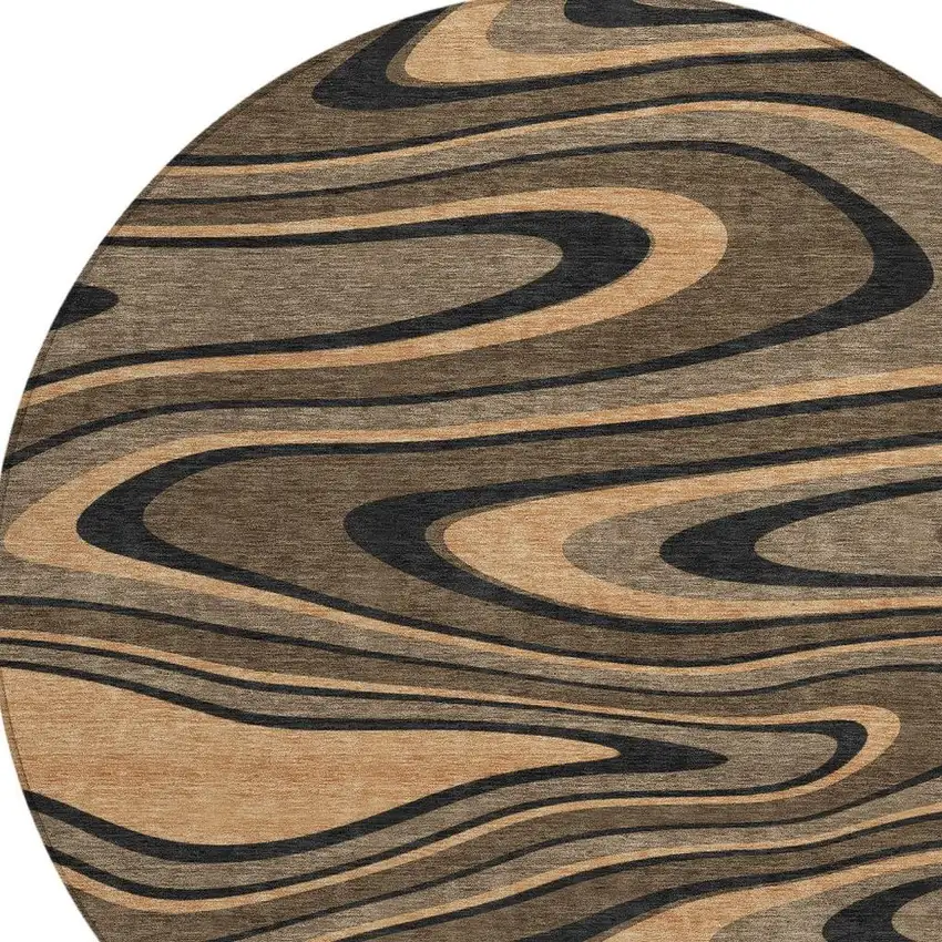 8' Chocolate And Black Round Abstract Washable Indoor Outdoor Area Rug Photo 3