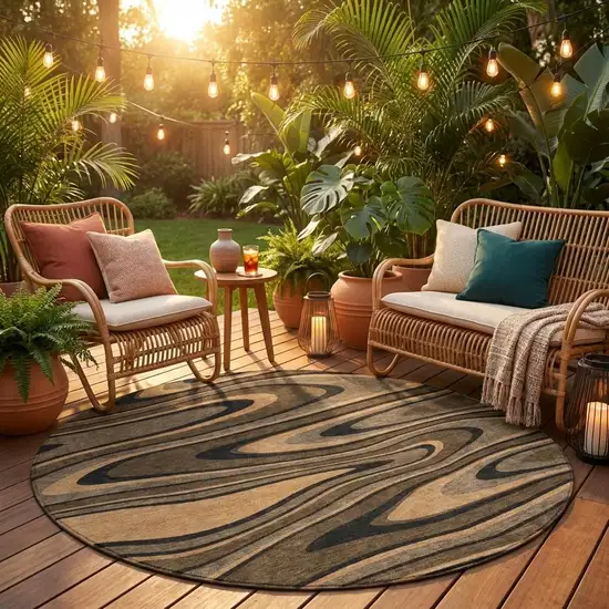 8' Chocolate And Black Round Abstract Washable Indoor Outdoor Area Rug Photo 1