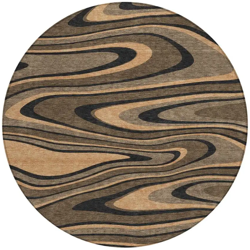 8' Chocolate And Black Round Abstract Washable Indoor Outdoor Area Rug Photo 4