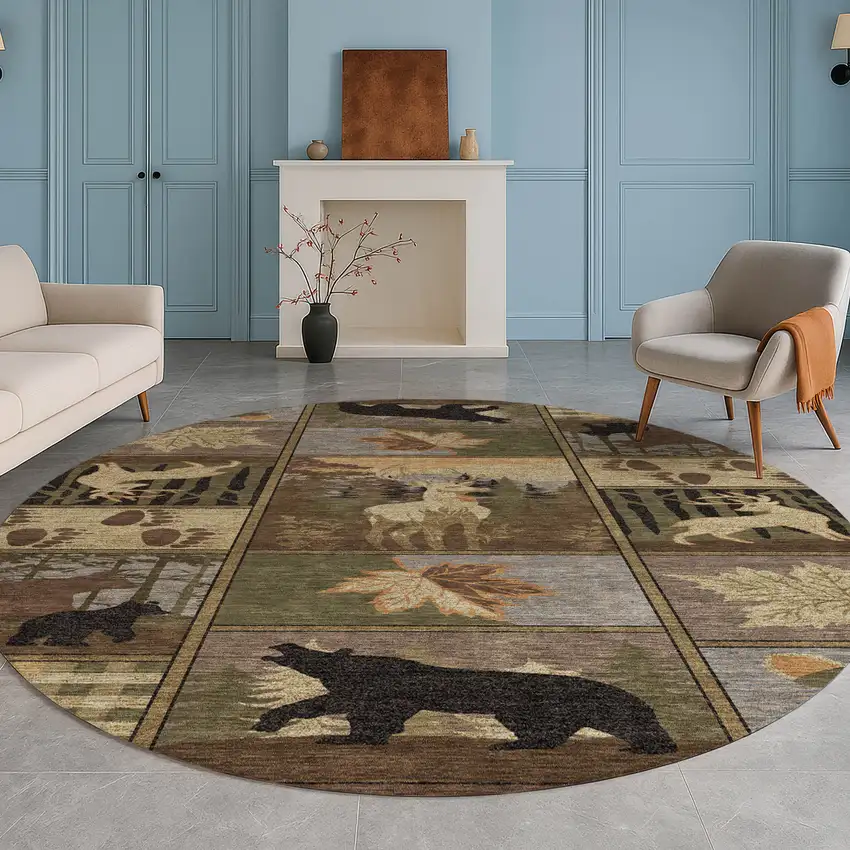8' Chocolate And Black Round Bear Washable Indoor Outdoor Area Rug Photo 5
