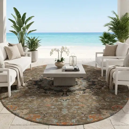 8' Chocolate And Black Round Floral Medallion Washable Indoor Outdoor Area Rug Photo 1
