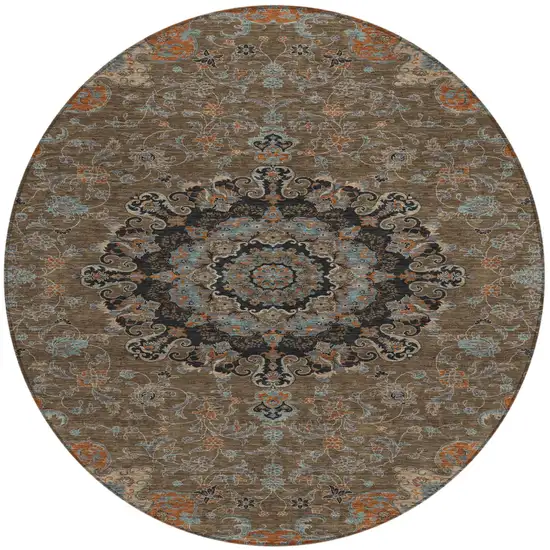 8' Chocolate And Black Round Floral Medallion Washable Indoor Outdoor Area Rug Photo 2