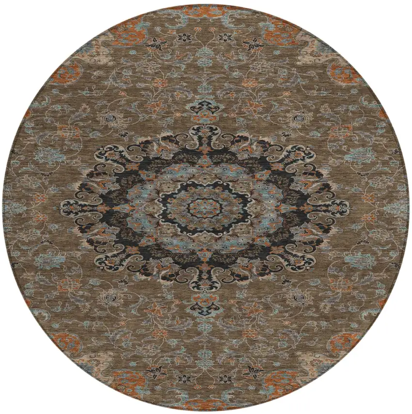 8' Chocolate And Black Round Floral Medallion Washable Indoor Outdoor Area Rug Photo 2