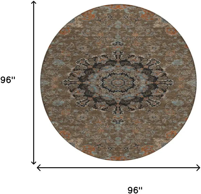 8' Chocolate And Black Round Floral Medallion Washable Indoor Outdoor Area Rug Photo 7