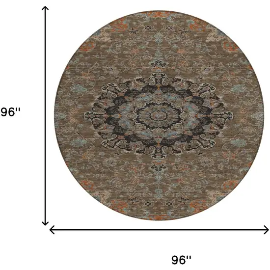8' Chocolate And Black Round Floral Medallion Washable Indoor Outdoor Area Rug Photo 7