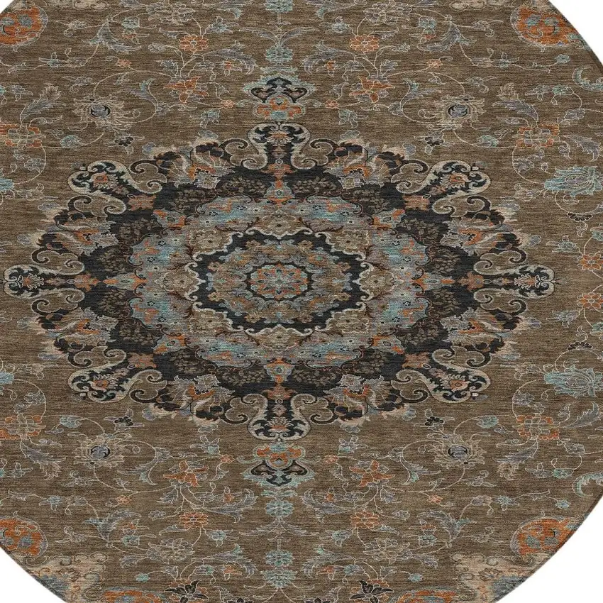 8' Chocolate And Black Round Floral Medallion Washable Indoor Outdoor Area Rug Photo 3