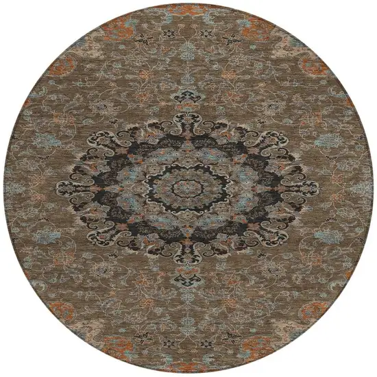 8' Chocolate And Black Round Floral Medallion Washable Indoor Outdoor Area Rug Photo 4