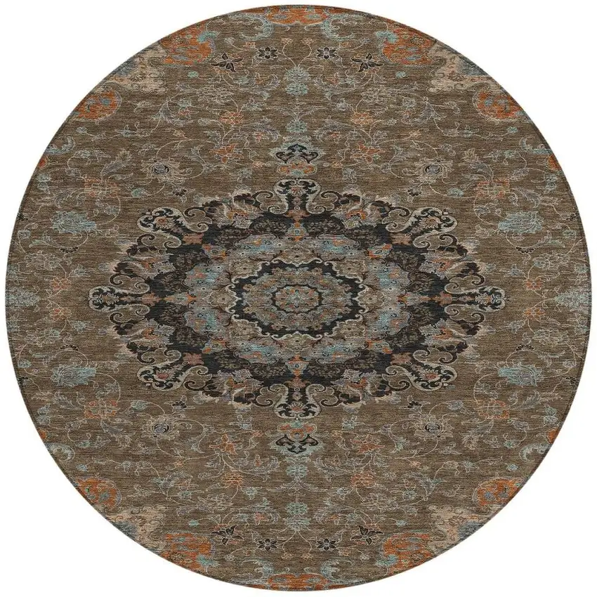 8' Chocolate And Black Round Floral Medallion Washable Indoor Outdoor Area Rug Photo 4
