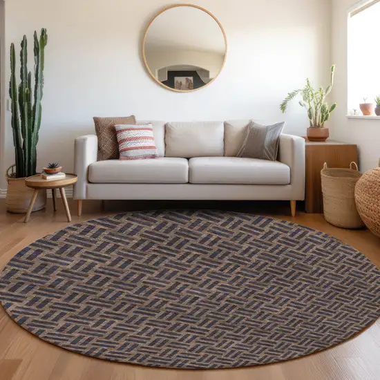 8' Chocolate And Black Round Geometric Washable Indoor Outdoor Area Rug Photo 6