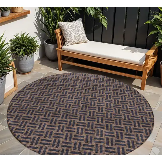 8' Chocolate And Black Round Geometric Washable Indoor Outdoor Area Rug Photo 1
