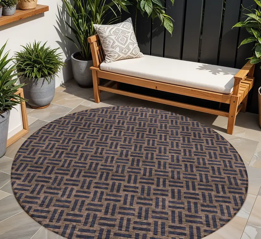 8' Chocolate And Black Round Geometric Washable Indoor Outdoor Area Rug Photo 1