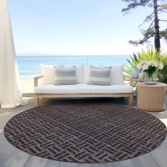 8' Chocolate And Black Round Geometric Washable Indoor Outdoor Area Rug Photo 5