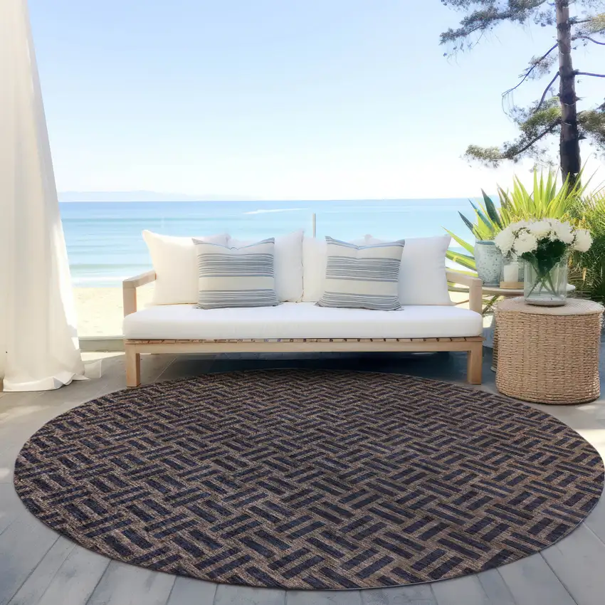 8' Chocolate And Black Round Geometric Washable Indoor Outdoor Area Rug Photo 5