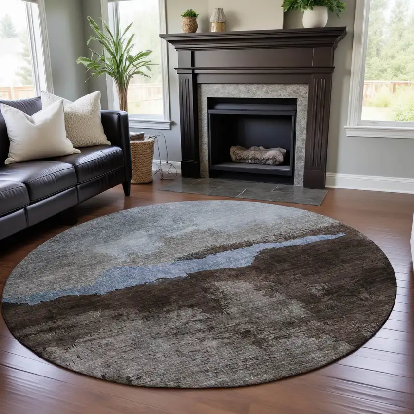 8' Chocolate And Blue Abstract Washable Round Rug With UV Protection Photo 4