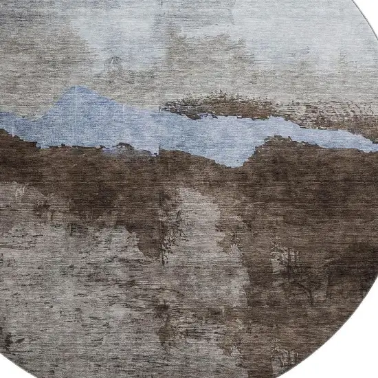 8' Chocolate And Blue Abstract Washable Round Rug With UV Protection Photo 2