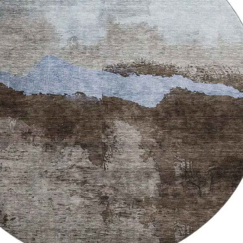 8' Chocolate And Blue Abstract Washable Round Rug With UV Protection Photo 2