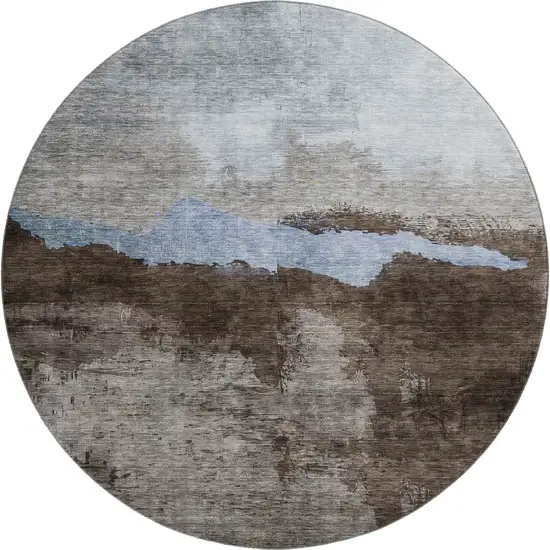 8' Chocolate And Blue Abstract Washable Round Rug With UV Protection Photo 1