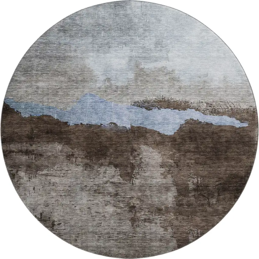 8' Chocolate And Blue Abstract Washable Round Rug With UV Protection Photo 1