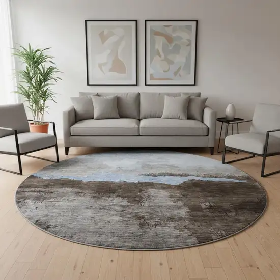 8' Chocolate And Blue Abstract Washable Round Rug With UV Protection Photo 2