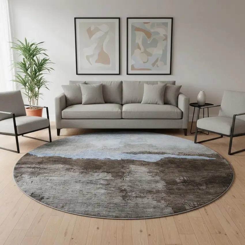 8' Chocolate And Blue Abstract Washable Round Rug With UV Protection Photo 2