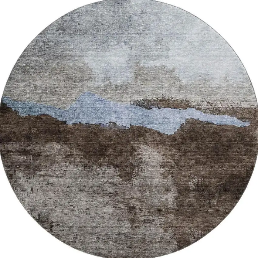 8' Chocolate And Blue Abstract Washable Round Rug With UV Protection Photo 3