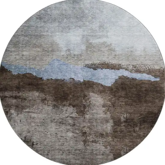 8' Chocolate And Blue Abstract Washable Round Rug With UV Protection Photo 3