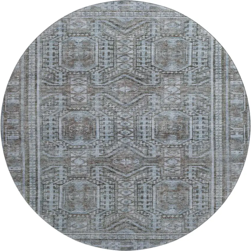 8' Chocolate And Blue Geometric Washable Round Rug With UV Protection Photo 1