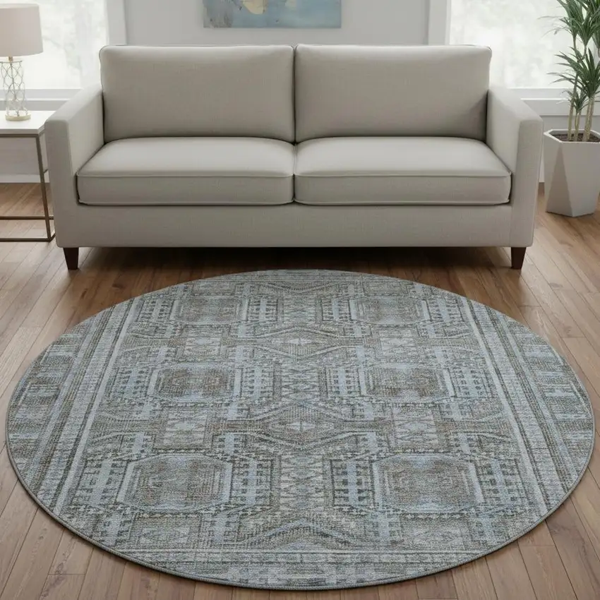 8' Chocolate And Blue Geometric Washable Round Rug With UV Protection Photo 2