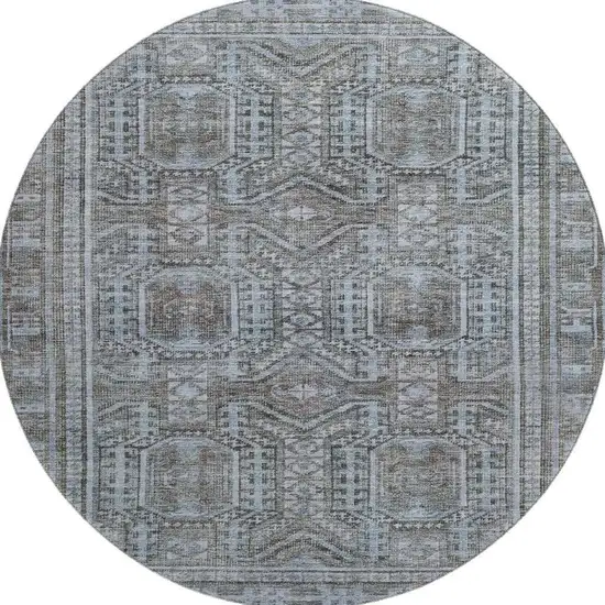 8' Chocolate And Blue Geometric Washable Round Rug With UV Protection Photo 4